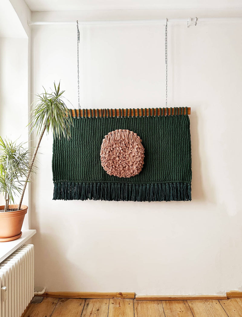 SOLAR ECLIPSE Large Knotted Wallhanging in Dark Green
